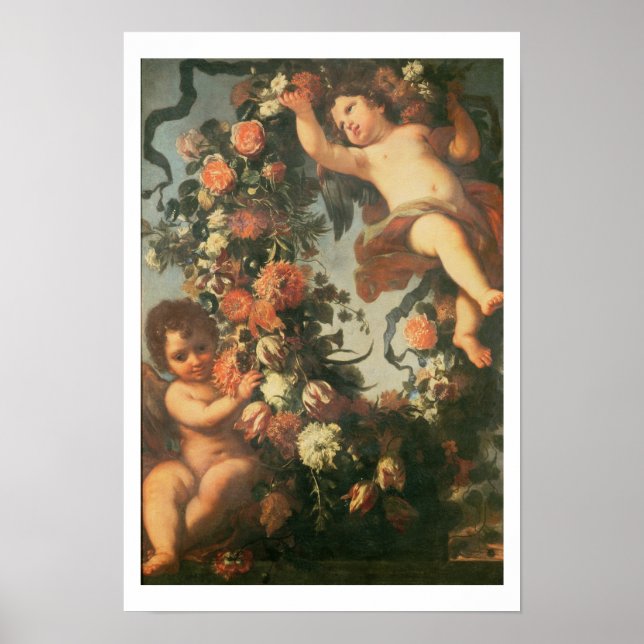 T32714 Two Putti Supporting a Flower Garland Poster (Front)
