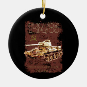 T-34-85 Soviet Union Medium Tank of WWII and Flag Ceramic Ornament