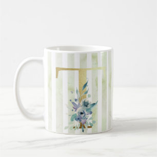 T golden initial blue and white stripes, coffee mug