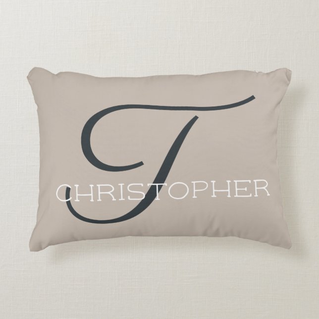 T Initial Calligraphy Custom Name Neutral Taupe Accent Pillow (Front)