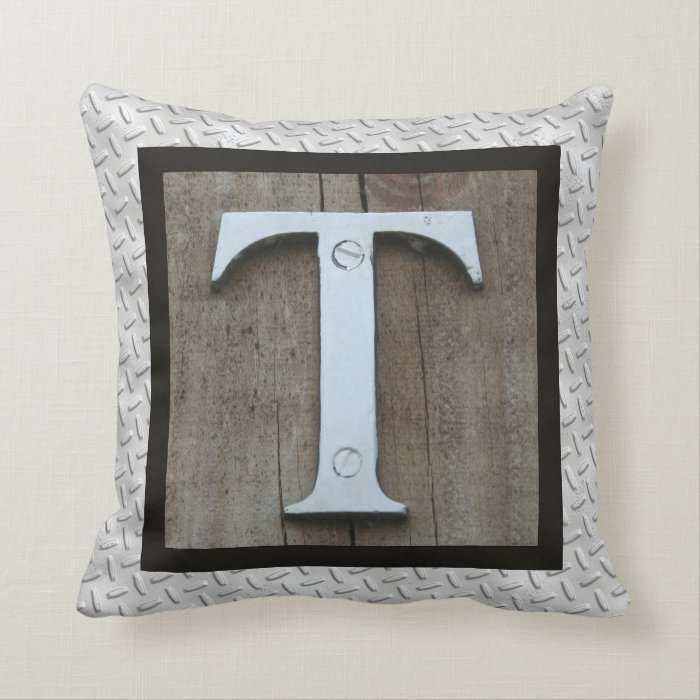 T initial Last First Name Rustic Steel Pillow