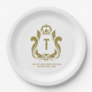 T Initial Monogram Gold Crest Paper Plates