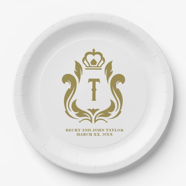 T Initial Monogram Gold Crest  Paper Plates (Front)