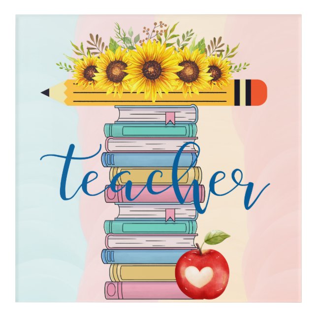 T is for Teacher Floral Pencil Books Apple Acrylic Print (Front)