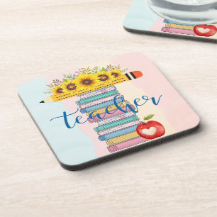 T is for Teacher Floral Pencil Books Apple Beverage Coaster
