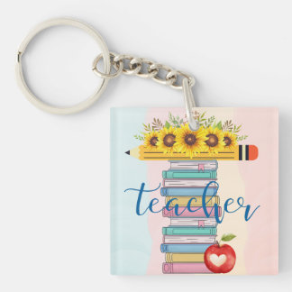 T is for Teacher Floral Pencil Books Apple Keychain
