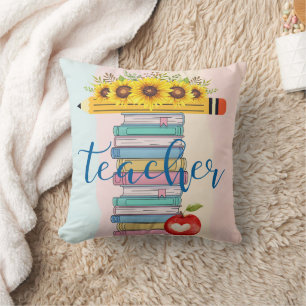 T is for Teacher Floral Pencil Books Apple Throw Pillow