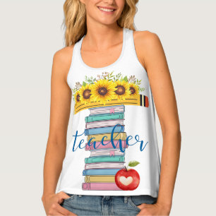 T is for Teacher Floral Pencil Books personalized Tank Top