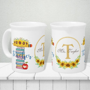 T is for Teacher Floral T Shape Personalized Beverage Pitcher