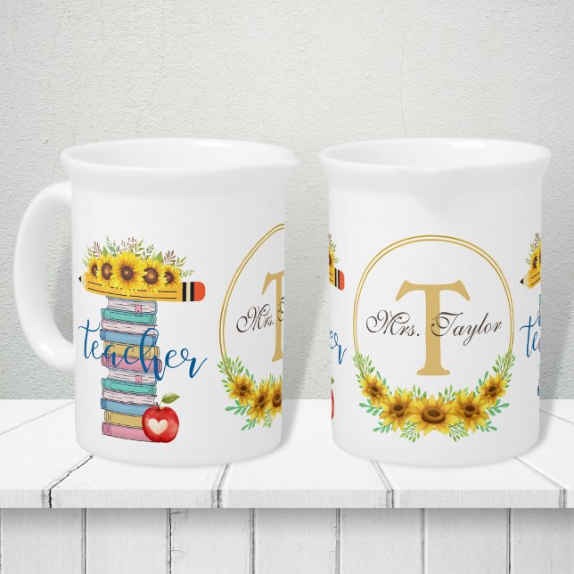 T is for Teacher Floral T Shape Personalized Beverage Pitcher (Creator Uploaded)