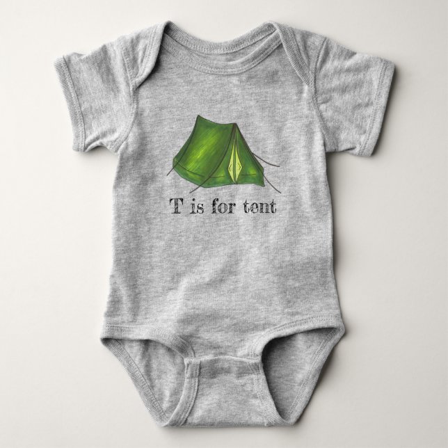 T is for Tent Green Camp Camping Tent Alphabet Baby Bodysuit (Front)