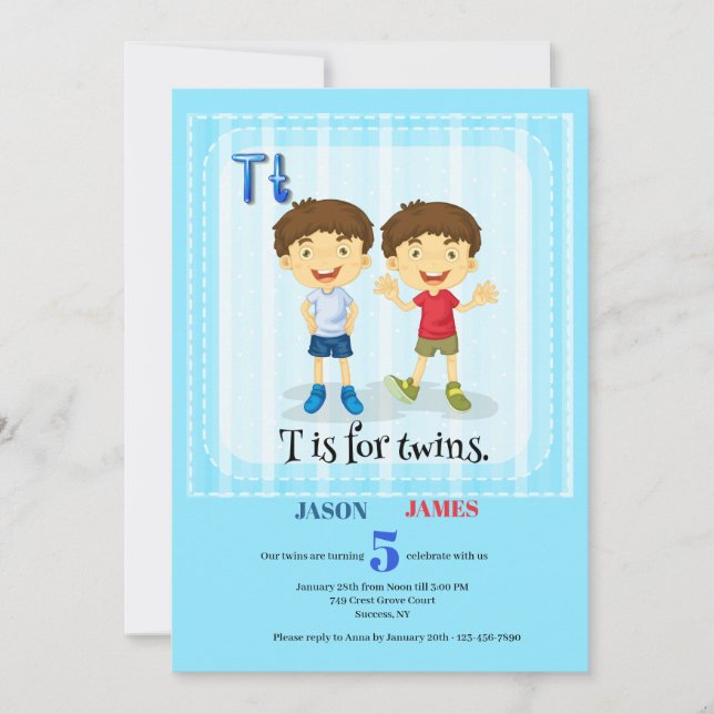 T is for Twins Boys Birthday Party Invitation (Front)