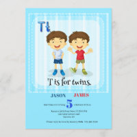 T is for Twins Boys Birthday Party Invitation