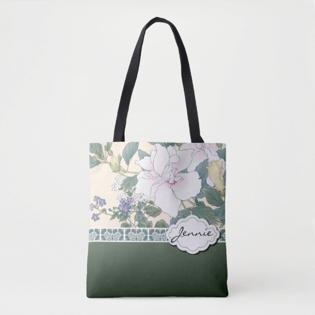 T Kônan Wood Block Print "Hibiscus and Browallia" Tote Bag (Front)