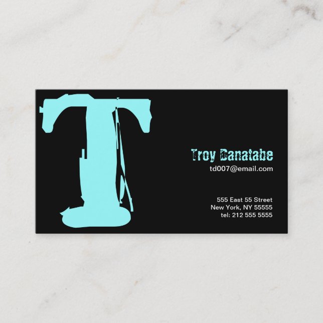 T Letter Alphabet Business Card Blue Black (Front)