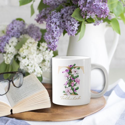 T Letter Gold Monogram White Magenta Purple Floral Giant Coffee Mug