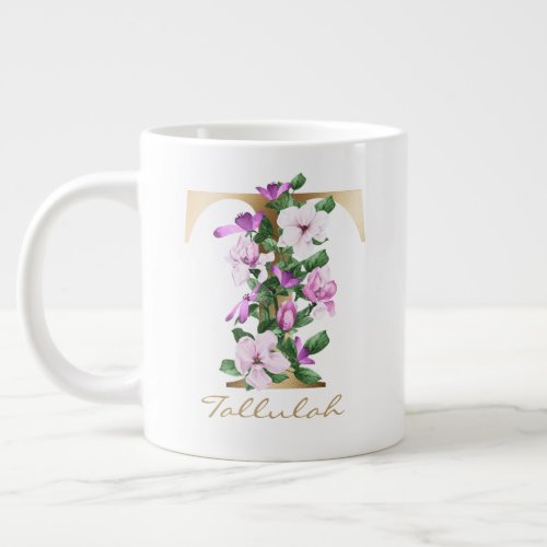 T Letter Gold Monogram White Magenta Purple Floral Giant Coffee Mug