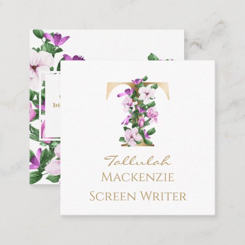 T Letter Gold Monogram White Magenta Purple Floral Square Business Card