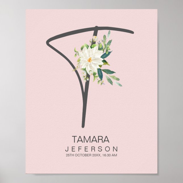 T Letter Monogram Blush Floral Decor (Front)