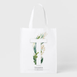 T Letter Monogram Elegant Gold Greenery Foliage Grocery Bag