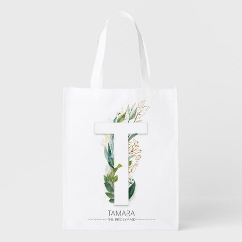 T Letter Monogram Elegant Gold Greenery Foliage Grocery Bag