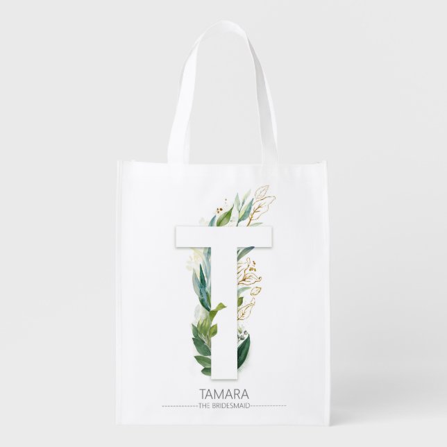T Letter Monogram Elegant Gold Greenery Foliage Grocery Bag (Front)