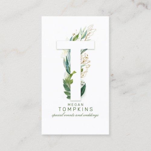 T Letter Monogram Gold Greenery Leaves Elegant Business Card