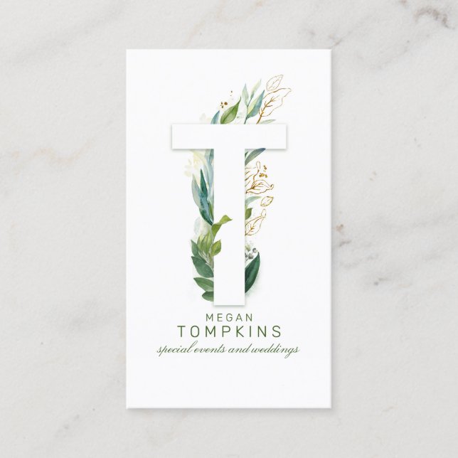 T Letter Monogram Gold Greenery Leaves Elegant Business Card (Front)