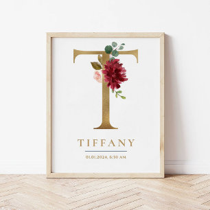 T Letter Monogram Name Marsala Floral Nursery Poster