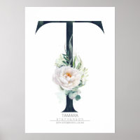 T Letter Monogram White Flowers and Greenery Poster