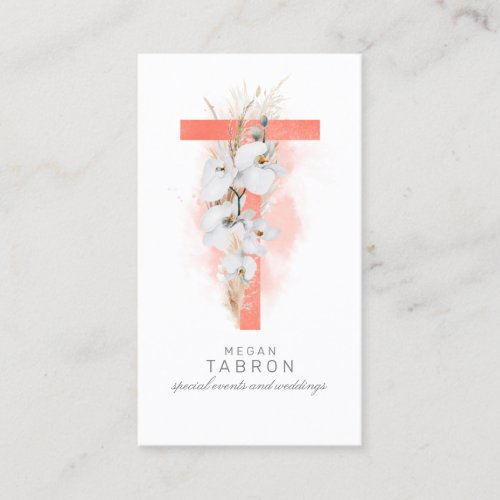 T Letter Monogram White Orchids and Pampas Grass Business Card