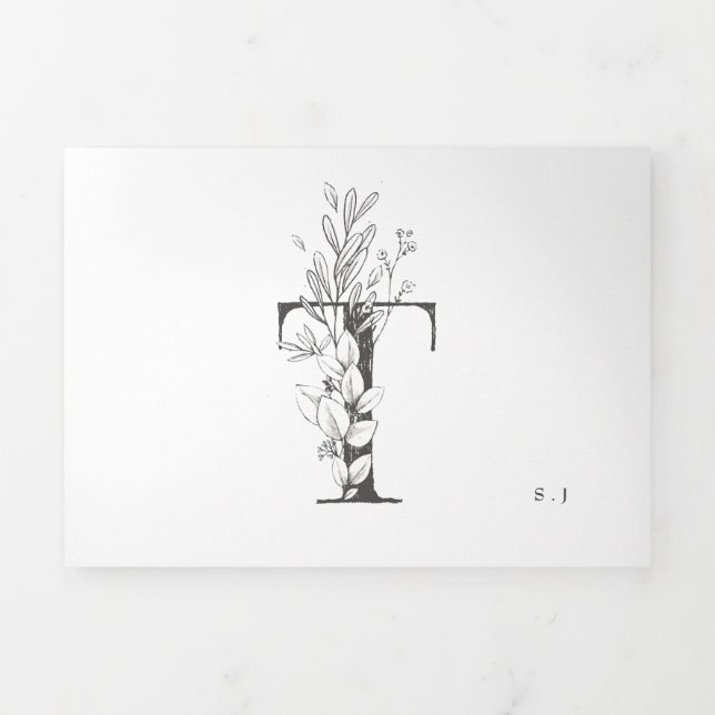 'T' Monogram Beautiful Sketched Floral Wedding Tri-Fold Invitation (Cover)