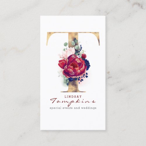 T Monogram Burgundy Gold and Navy Blue Floral Business Card