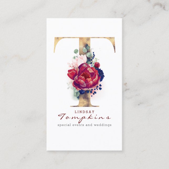 T Monogram Burgundy Gold and Navy Blue Floral Business Card (Front)