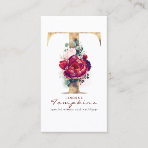 T Monogram Burgundy Red Flowers and Gold Glitter Business Card