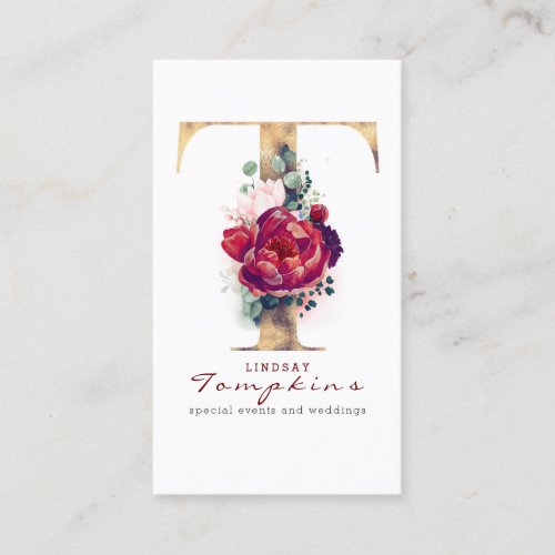 T Monogram Burgundy Red Flowers and Gold Glitter Business Card