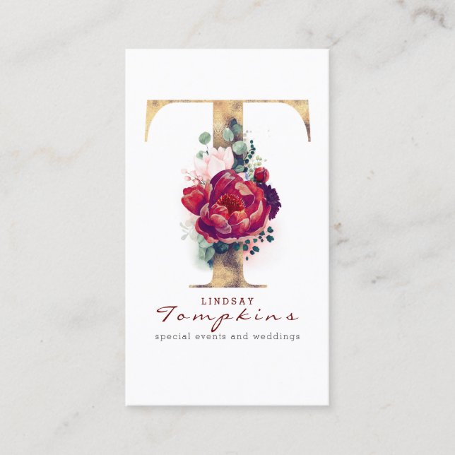 T Monogram Burgundy Red Flowers and Gold Glitter Business Card (Front)