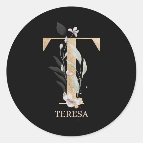 T Monogram Floral Personalized Classic Round Sticker