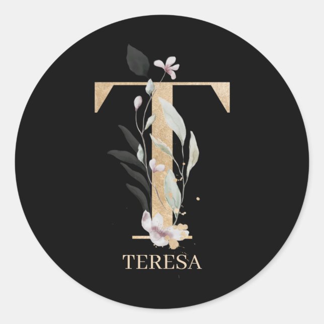T Monogram Floral Personalized Classic Round Sticker (Front)