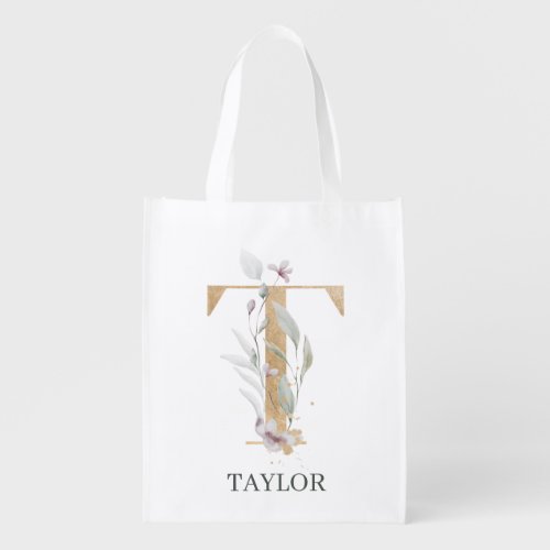 T Monogram Floral Personalized Grocery Bag