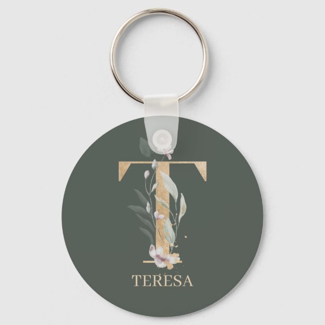 T Monogram Floral Personalized Keychain (Front)