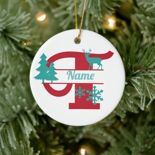 T Monogram Initial Christmas Holiday Tree Ornament