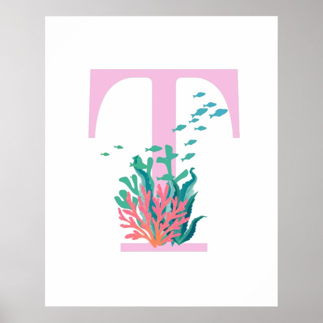 t Monogram Initial Monogram Pink Teal Ocean Poster (Front)