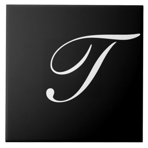 T Monogram Initial White on Black Ceramic Tile