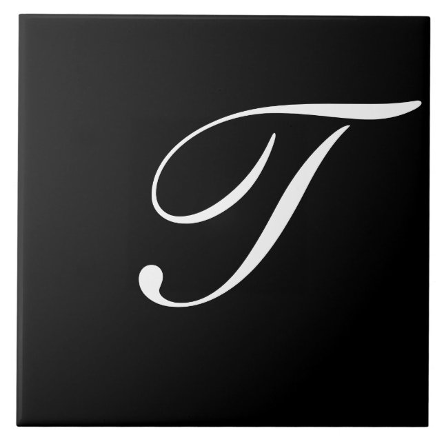T Monogram Initial White on Black Ceramic Tile (Front)