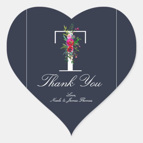 T Monogram Last Initial Modern Blue Floral Wedding Heart Sticker