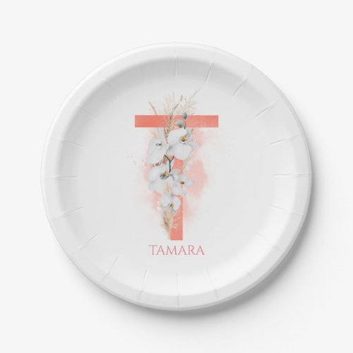 T Monogram Name Pampas Grass White Orchids Paper Plates