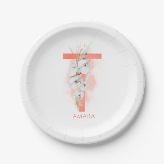 T Monogram Name Pampas Grass White Orchids Paper Plates (Front)
