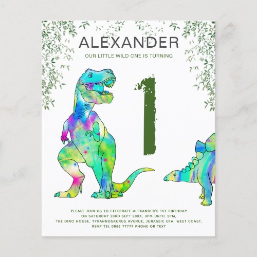 T Rex 1st Birthday Party jungle budget Flyer
