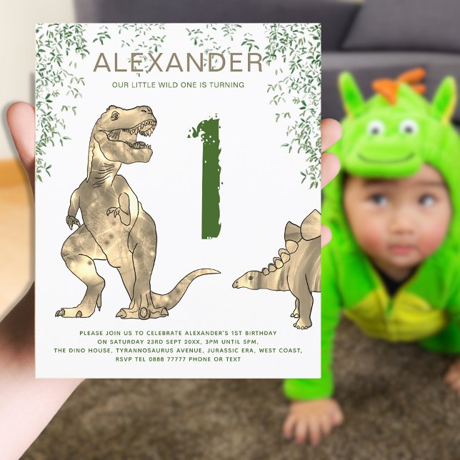 T-Rex 1st Birthday Party Wild One (Wild one T-Rex dinosaur jungle 1st birthday party invitation brown and green)